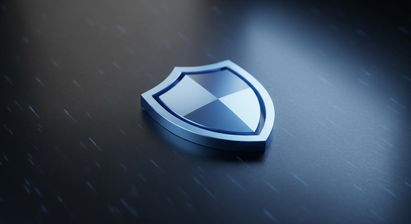 Khiên kỹ thuật số 3D màu xanh kim loại, phát sáng nhẹ trên màn hình tối, minh họa cho cách tạo khiên bảo vệ avatar Facebook.