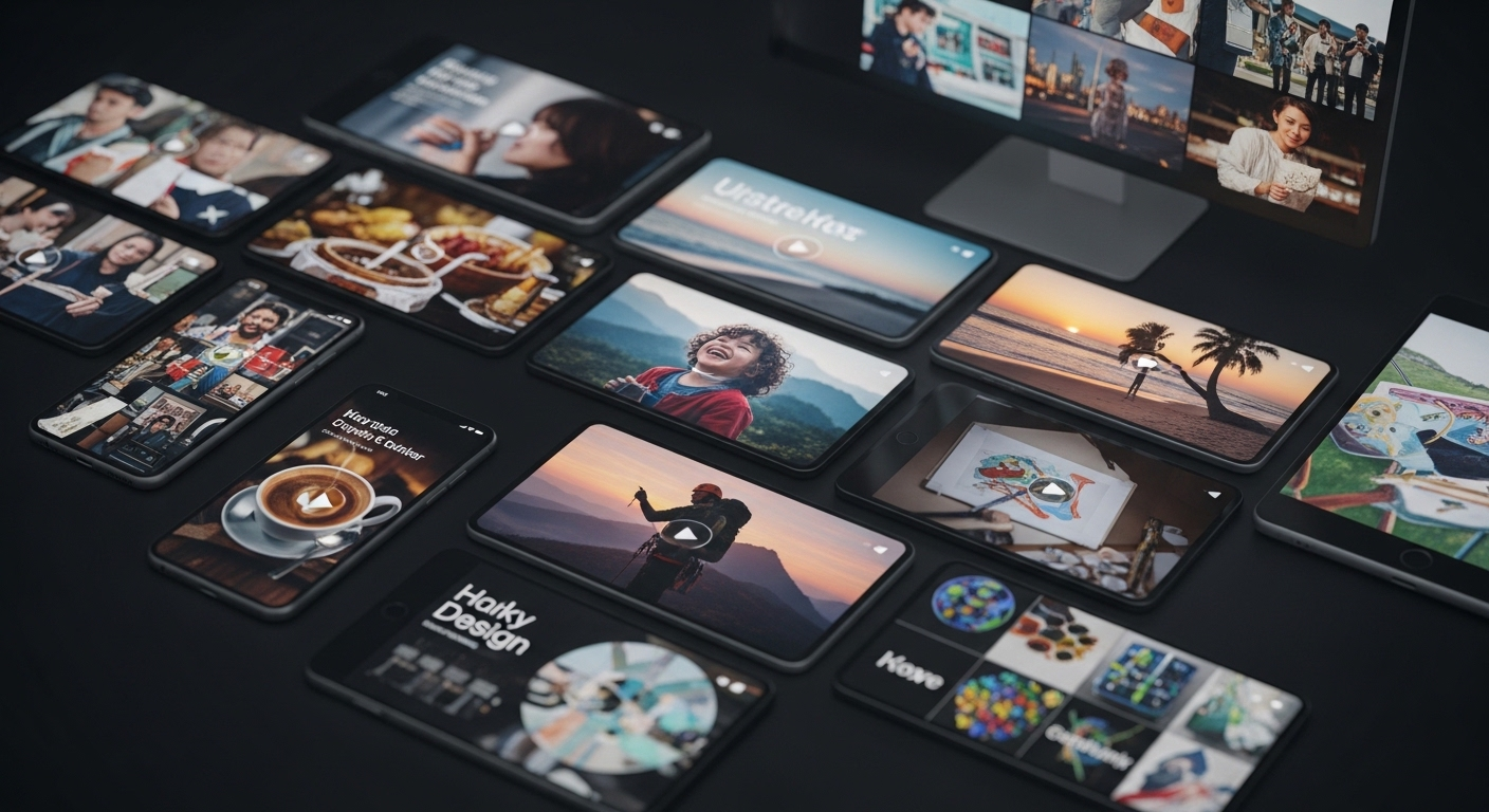 Video ngắn và hình ảnh đa dạng về cuộc sống, du lịch, sáng tạo trên nhiều màn hình, minh họa tiềm năng để kiếm tiền từ Story Facebook.