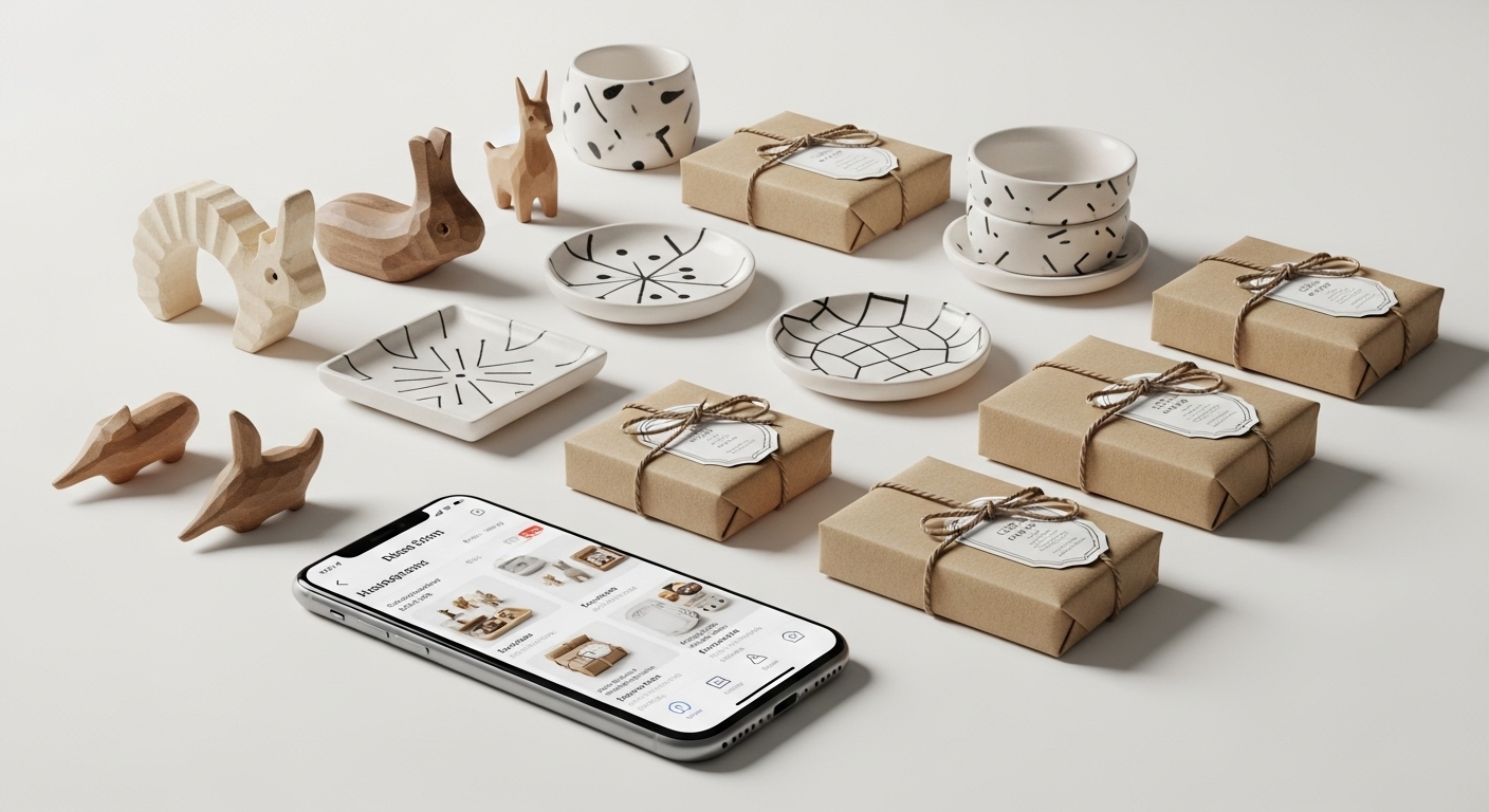 Các sản phẩm thủ công (xà phòng, đồ trang trí) được đóng gói đẹp mắt trên nền gỗ, cùng điện thoại hiển thị giao diện cửa hàng trực tuyến, minh họa cách kiếm tiền trên Facebook hiệu quả.