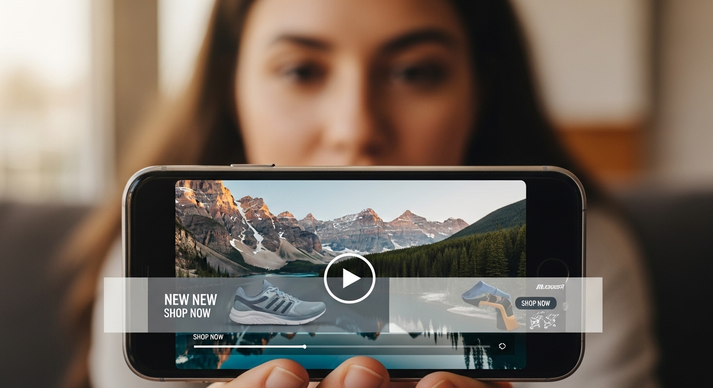 Cận cảnh màn hình điện thoại hiển thị quảng cáo video, người xem chăm chú. Minh họa cách kiếm tiền trên Facebook.