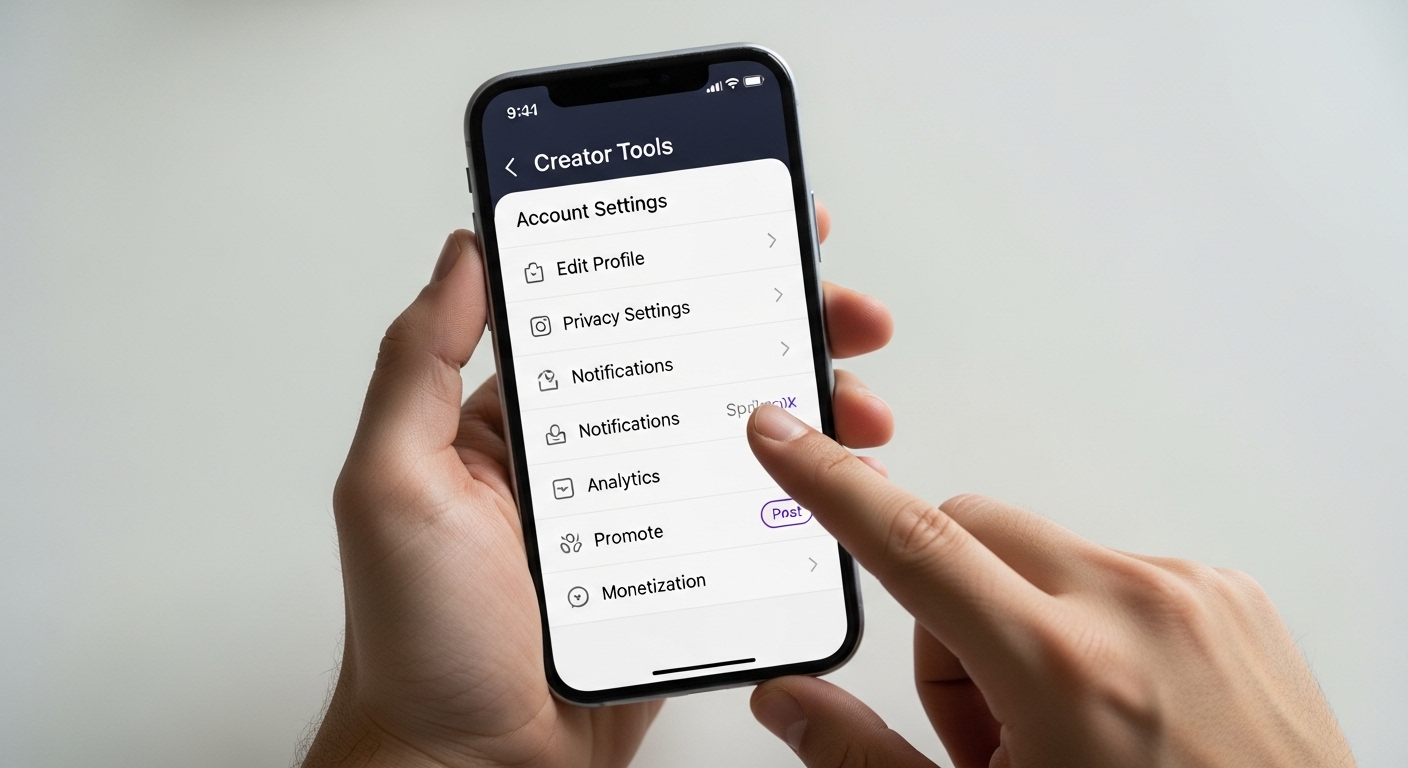 Bàn tay điều hướng cài đặt và công cụ sáng tạo trên điện thoại, khám phá cách kiếm tiền TikTok.
