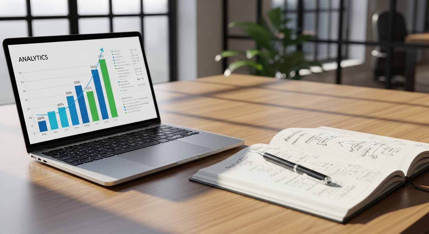 Laptop trên bàn làm việc hiện đại hiển thị biểu đồ tăng trưởng mạnh mẽ và phân tích dữ liệu tích cực, cho thấy hiệu quả của chiến lược. Sổ tay ghi chú kế hoạch thành công, bao gồm cả cách bật kiếm tiền trên TikTok.