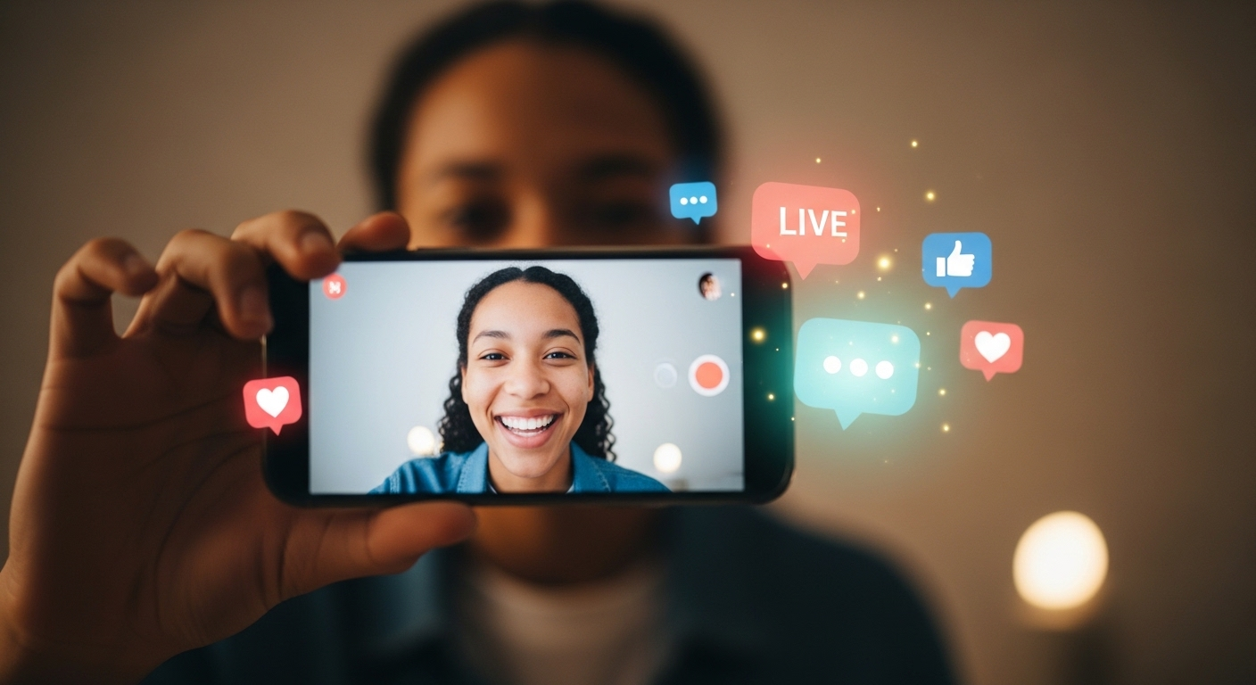 Người trẻ mỉm cười, năng động livestream trên điện thoại, với các biểu tượng tương tác số như tim, like, minh họa tiềm năng kiếm tiền trên TikTok thông qua xây dựng cộng đồng và nội dung hấp dẫn.