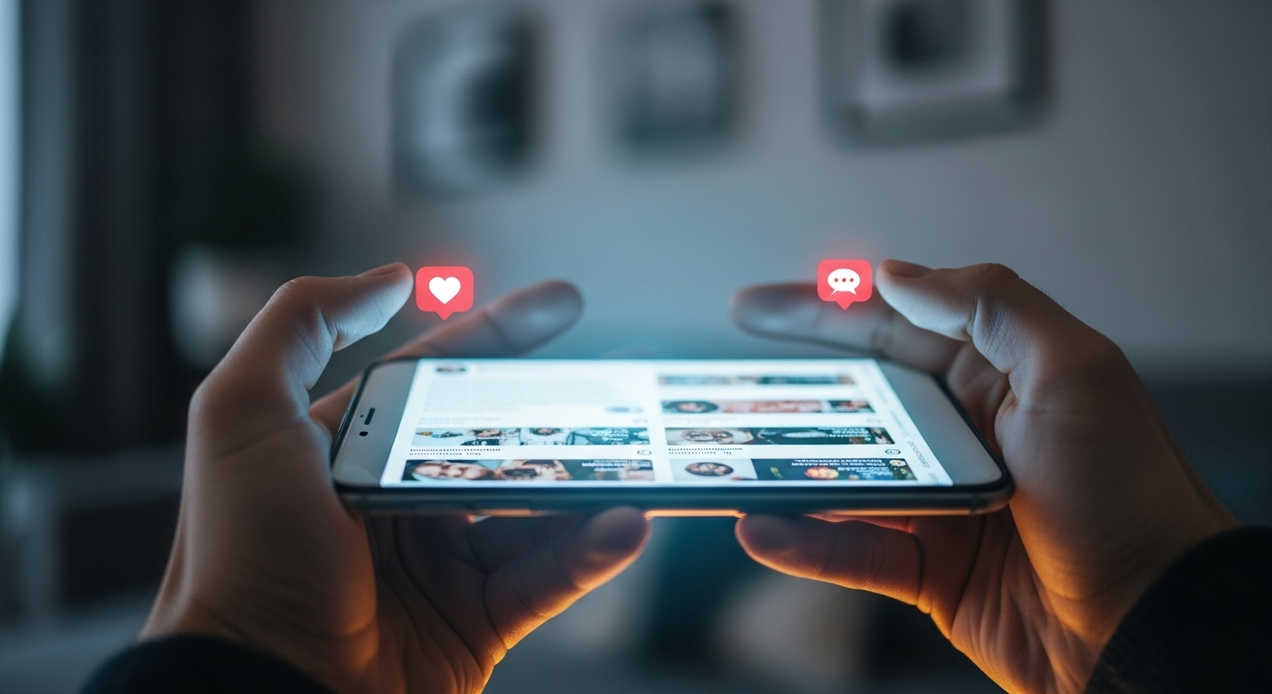 Bàn tay đang lướt và tương tác trên điện thoại thông minh với ứng dụng TikTok, hiển thị biểu tượng trái tim và bong bóng thoại, trong không gian nhà hiện đại. Hình ảnh liên quan đến các cách kiếm tiền trên TikTok.