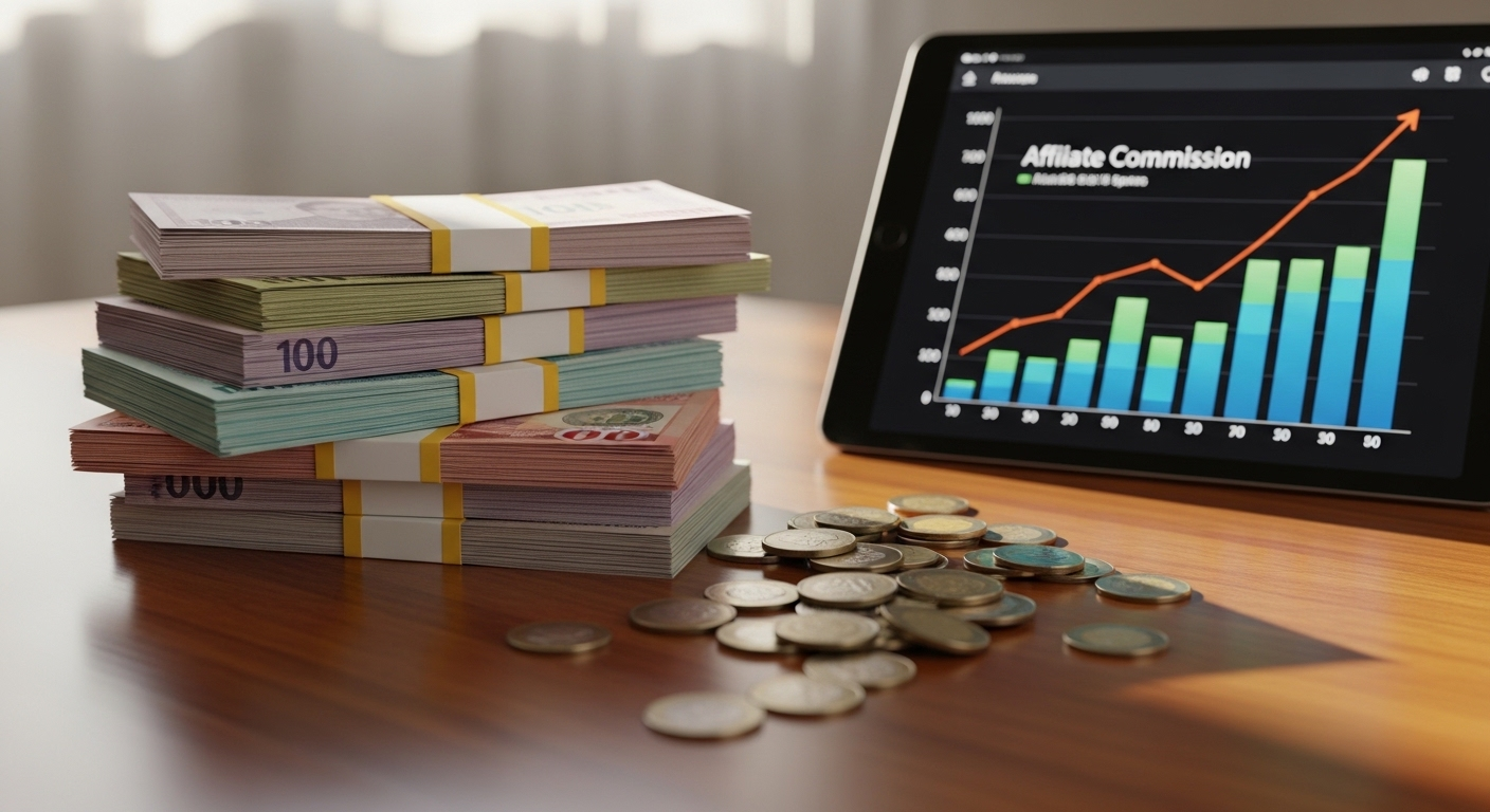 Một chồng tiền mặt và biểu đồ tăng trưởng trên máy tính bảng, minh họa thu nhập tăng vọt từ cách làm tiếp thị liên kết TikTok hiệu quả.