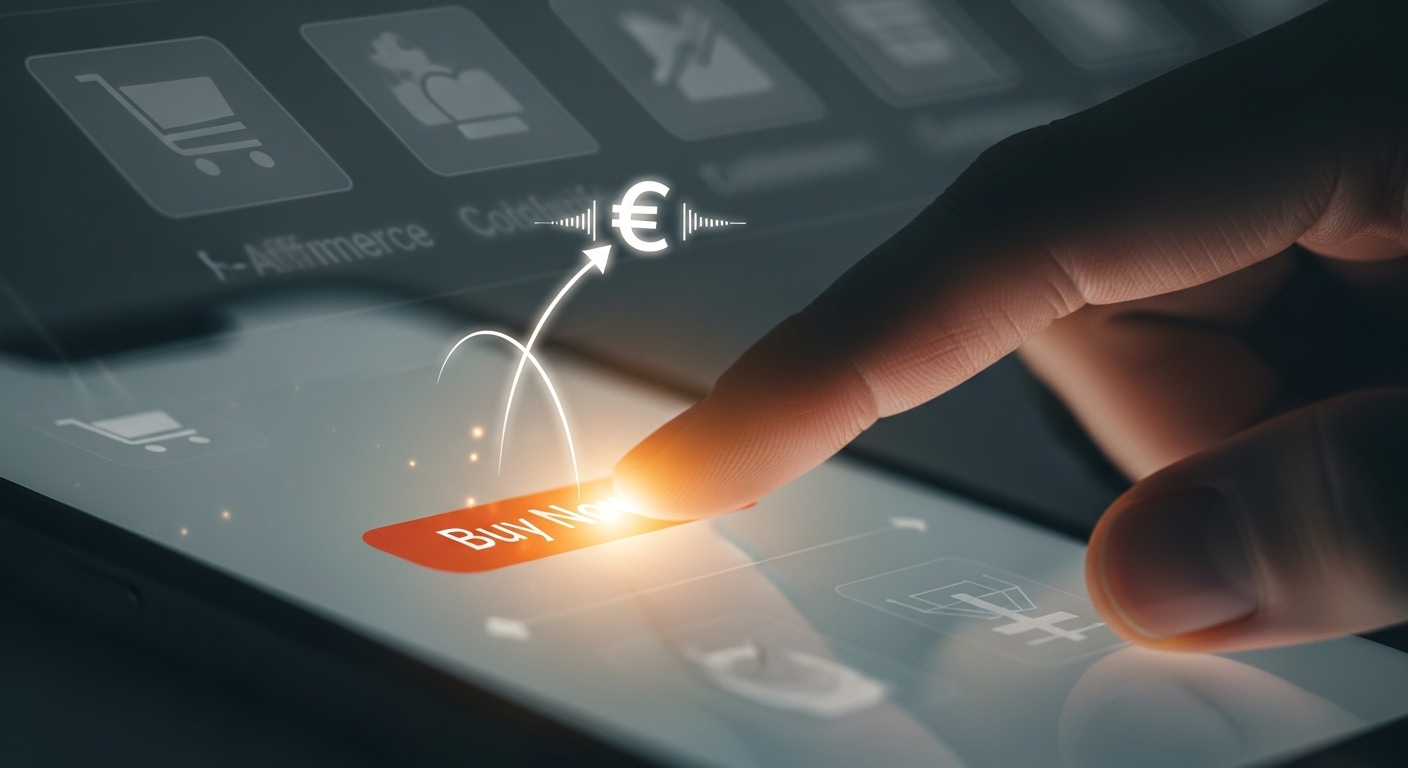 Tay chạm nút 'Mua ngay' phát sáng trên màn hình điện thoại, minh họa cách kiếm tiền trên TikTok qua hoa hồng tiếp thị liên kết.