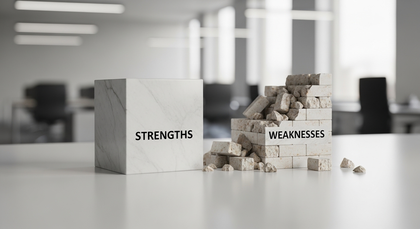 Hình ảnh thực tế cận cảnh minh họa Điểm mạnh (khối vững chắc) và Điểm yếu (khối chưa hoàn thiện) – các yếu tố chính trong ma trận SWOT – trên nền doanh nghiệp mờ.