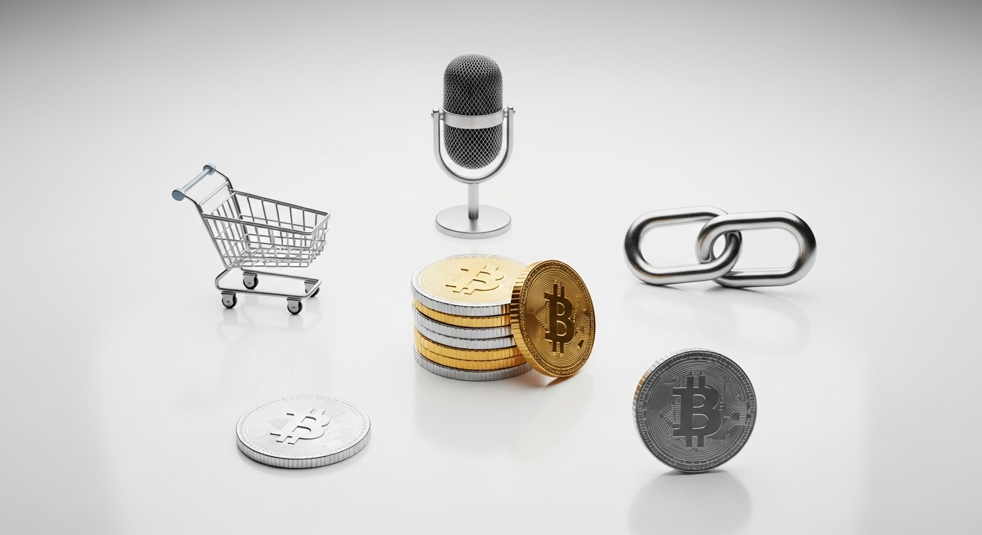 Biểu tượng số micro, giỏ hàng, chuỗi liên kết bao quanh chồng đồng xu, thể hiện các kênh và công cụ để bạn khám phá cách bật kiếm tiền trên TikTok.