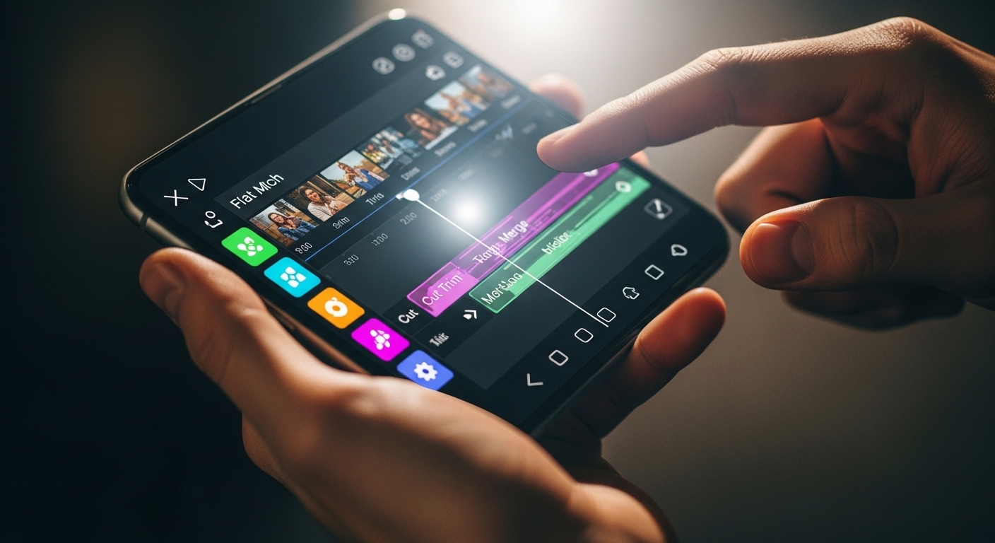 Bàn tay đang thao tác trên màn hình điện thoại thông minh, hiển thị giao diện chỉnh sửa video với các công cụ và hiệu ứng sáng tạo, minh họa quá trình tìm hiểu cách kiếm tiền trên TikTok qua việc sản xuất nội dung chất lượng.