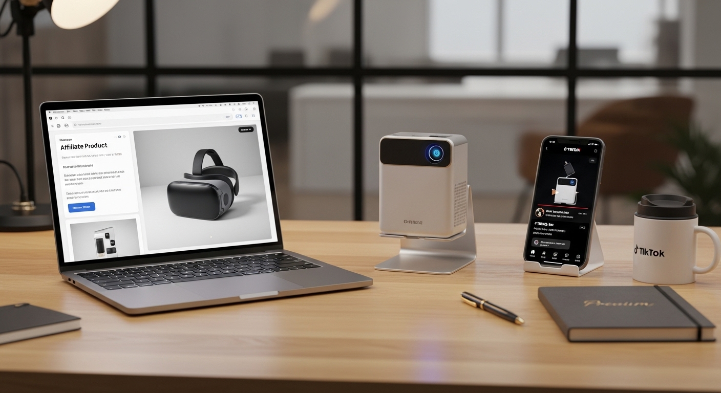 Bàn làm việc chuyên nghiệp với laptop hiển thị link tiếp thị liên kết và điện thoại thông minh đang phát video đánh giá sản phẩm trên TikTok, minh họa các cách kiếm tiền trên TikTok hiệu quả.