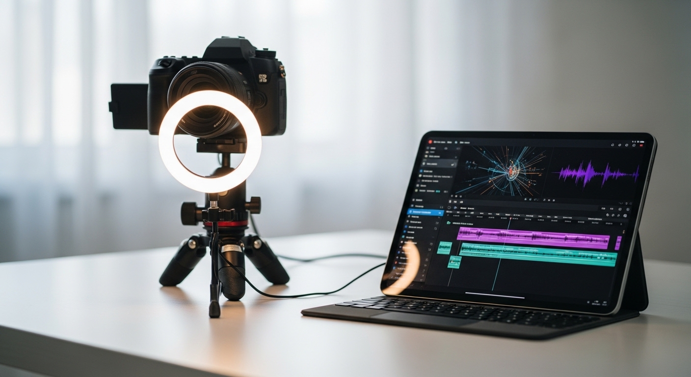 Góc làm việc sản xuất nội dung chuyên nghiệp với máy ảnh, đèn ring và tablet chỉnh sửa video, công cụ hỗ trợ tạo video chất lượng cao khi tìm hiểu cách bật kiếm tiền trên TikTok.