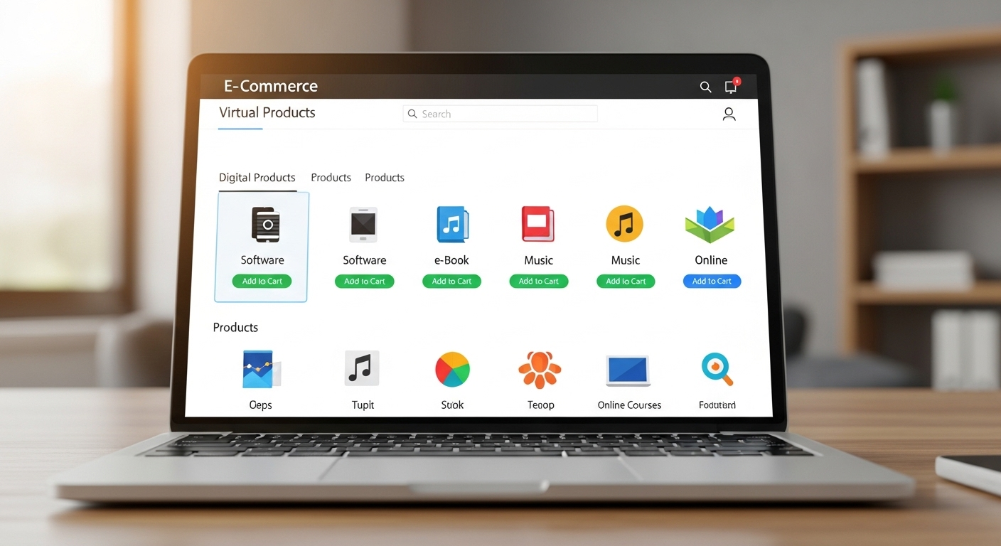 Màn hình laptop hiển thị cửa hàng e-commerce bán sản phẩm số, minh họa cách kiếm tiền từ TikTok qua kinh doanh trực tuyến.