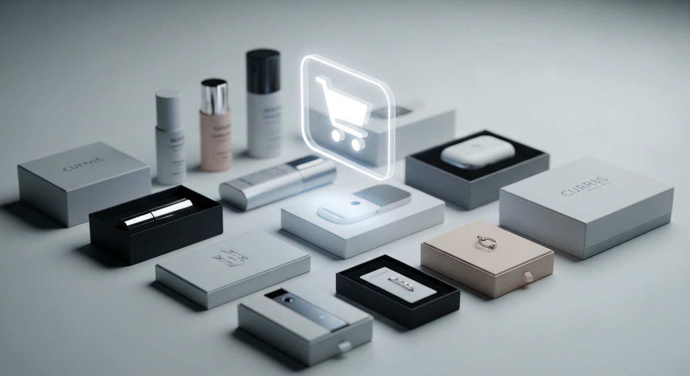 Các sản phẩm nhỏ gọn (mỹ phẩm, phụ kiện) trưng bày tối giản với biểu tượng giỏ hàng điện tử, minh họa tiềm năng kiếm tiền từ Tiktok cho người mới qua bán hàng online.