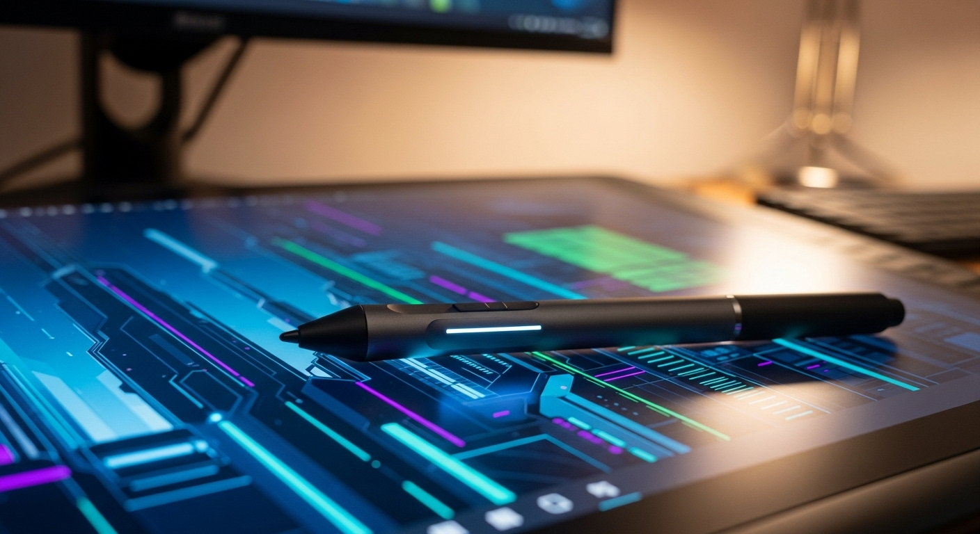 Cận cảnh bút kỹ thuật số trên bảng vẽ đồ họa chuyên nghiệp hiển thị đồ họa vector sống động, minh họa công việc sáng tạo trong ngành truyền thông đa phương tiện, hữu ích cho ai tìm kiếm ngành truyền thông đa phương tiện học trường nào ở TPHCM.