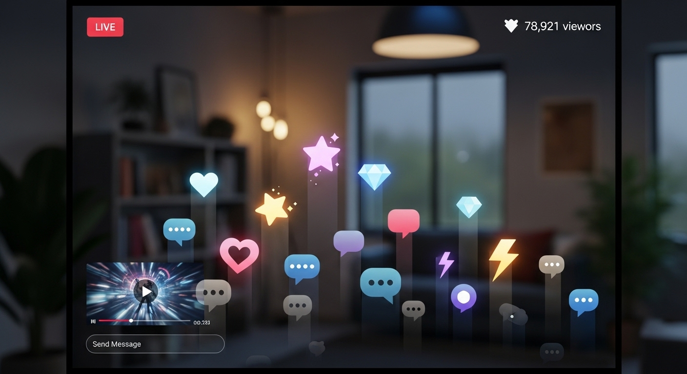 Giao diện livestream TikTok sôi động trên màn hình số, đầy bong bóng chat và quà tặng bay lên, gợi mở cách kiếm tiền trên TikTok qua tương tác cộng đồng.