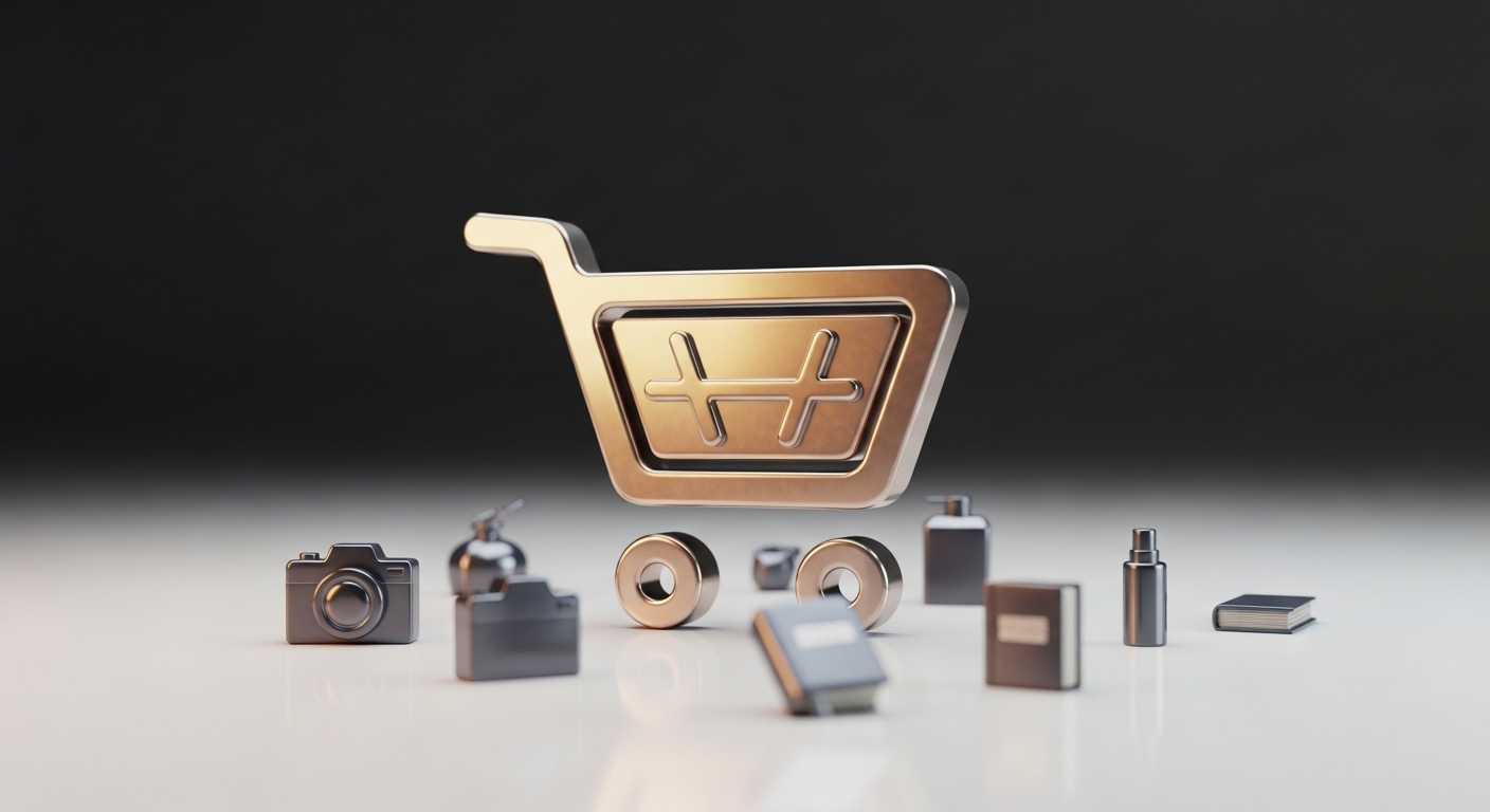 Biểu tượng giỏ hàng kỹ thuật số kim loại sáng bóng cùng các icon sản phẩm (máy ảnh, sách, mỹ phẩm) trên nền sạch, gợi mở về cách kiếm tiền TikTok qua kinh doanh online.