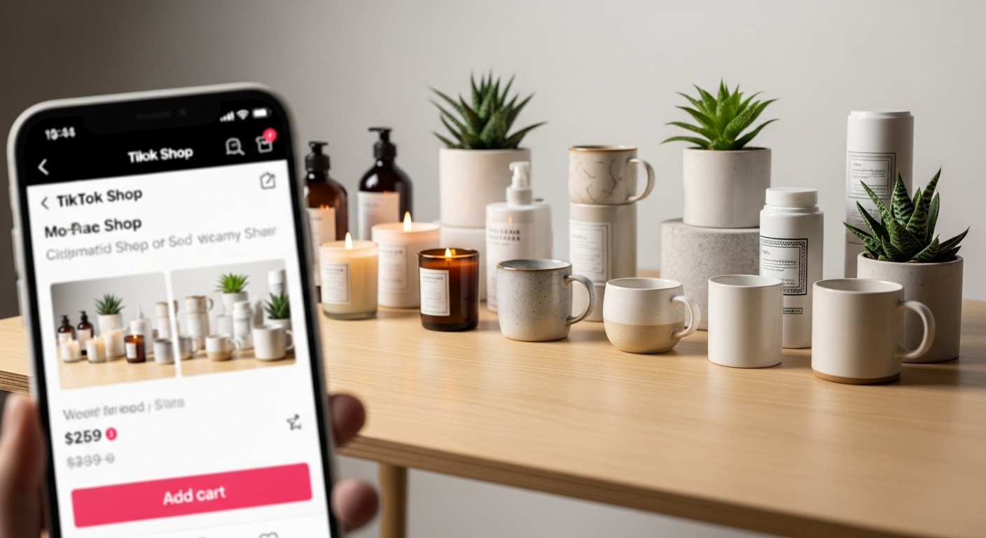 Sản phẩm (nến, cốc, cây cảnh) trưng bày đẹp mắt cùng màn hình TikTok Shop trên điện thoại, minh họa cách kiếm tiền trên TikTok.