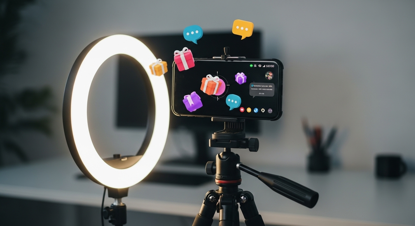 Điện thoại thông minh trên tripod hiển thị giao diện live stream với biểu tượng quà tặng và bình luận nổi bật, được chiếu sáng bằng đèn vòng chuyên nghiệp. Minh họa thiết lập lý tưởng cho cách kiếm tiền trên TikTok thông qua phát trực tiếp.