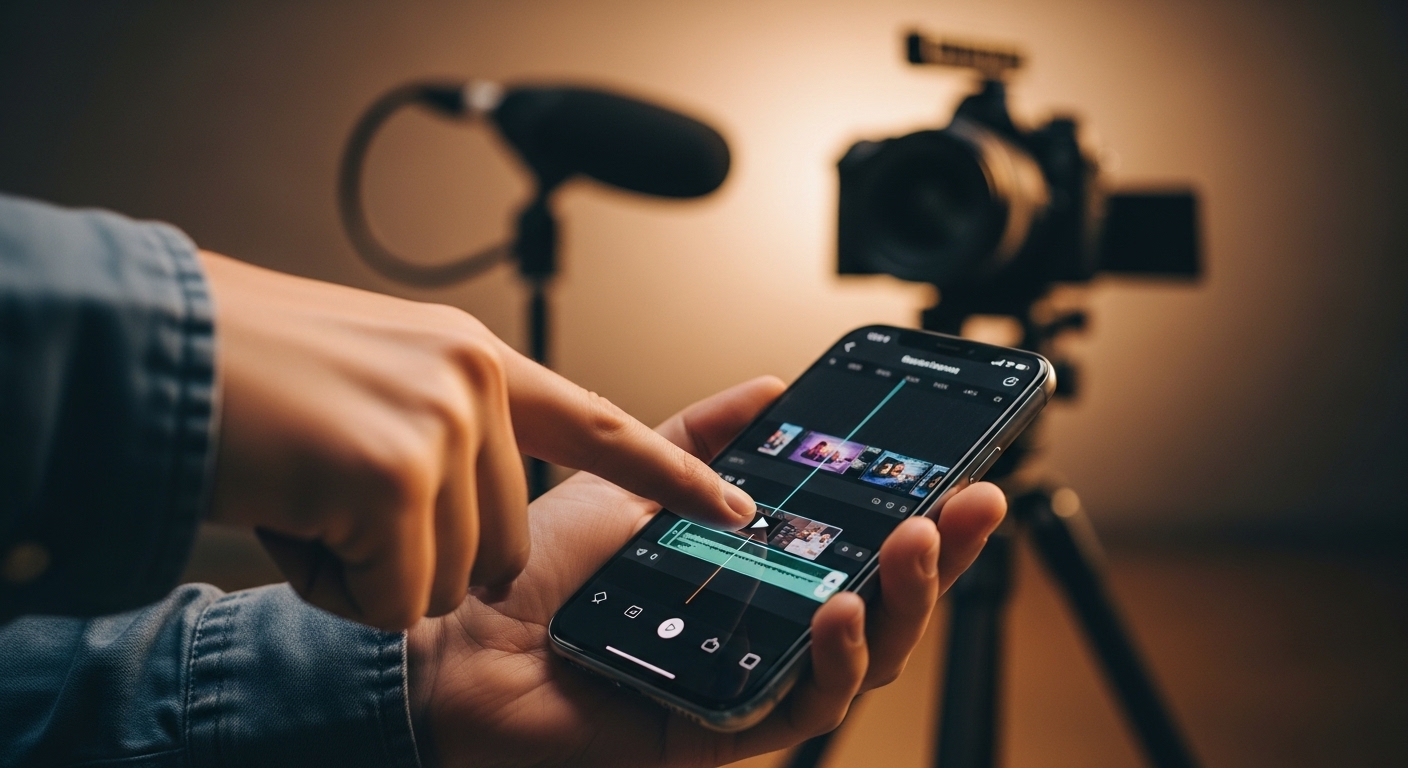 Cận cảnh bàn tay đang chỉnh sửa video trên điện thoại thông minh, chuẩn bị nội dung để kiếm tiền trên TikTok Shop, với máy ảnh và micro chuyên nghiệp mờ ở hậu cảnh studio sáng tạo.