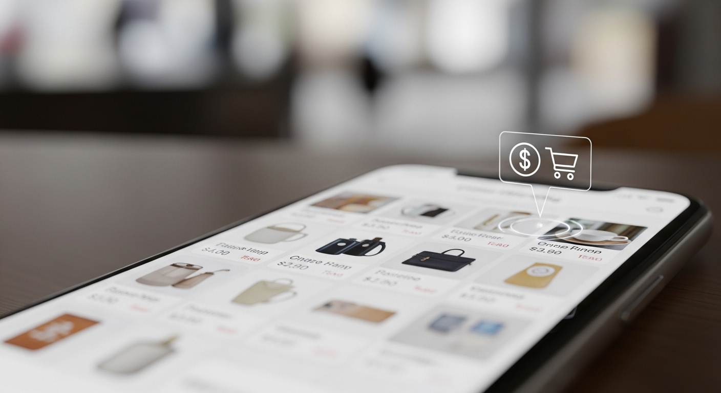 Màn hình điện thoại cận cảnh hiển thị nền tảng mua sắm trực tuyến với sản phẩm, giá cả và biểu tượng giỏ hàng, minh họa cách kiếm tiền trên TikTok qua thương mại điện tử.