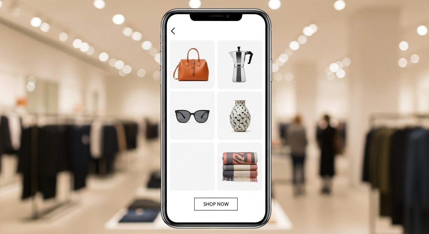 Màn hình điện thoại thông minh hiển thị giao diện thương mại điện tử với đa dạng sản phẩm (phụ kiện thời trang, đồ gia dụng) trong bố cục lưới gọn gàng và nút 'Shop Now'. Đây là hình ảnh đại diện cho các cơ hội kinh doanh online, giúp bạn dễ dàng tìm hiểu cách bật kiếm tiền trên Tiktok.