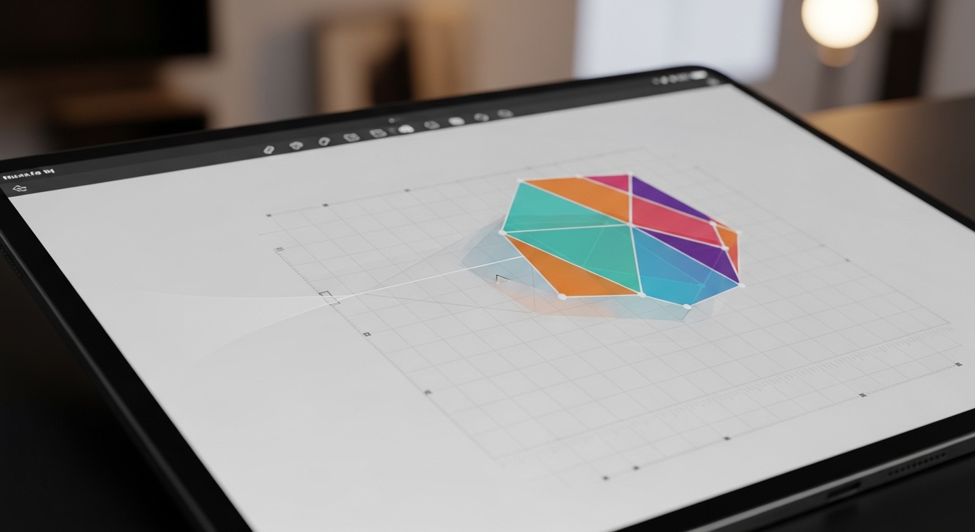 Màn hình máy tính bảng hiển thị canvas thiết kế đồ họa đang hoạt động. Thao tác kéo thả hình khối màu sắc trên lưới rõ ràng, minh họa cho hướng dẫn thiết kế Canva.