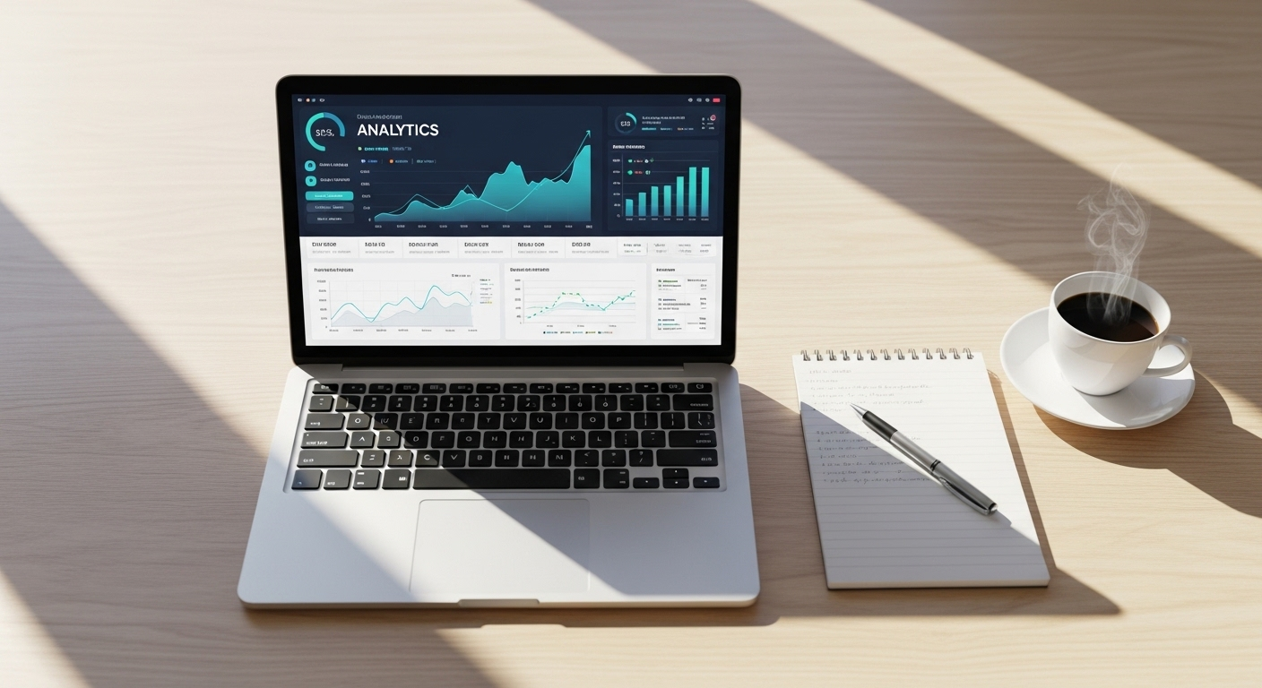 Góc làm việc hiện đại, laptop hiển thị dashboard phân tích dữ liệu tăng trưởng mạnh mẽ, minh họa việc xây dựng chiến lược phát triển thu nhập trực tuyến và tìm hiểu cách bật kiếm tiền tiktok tại việt nam hiệu quả.