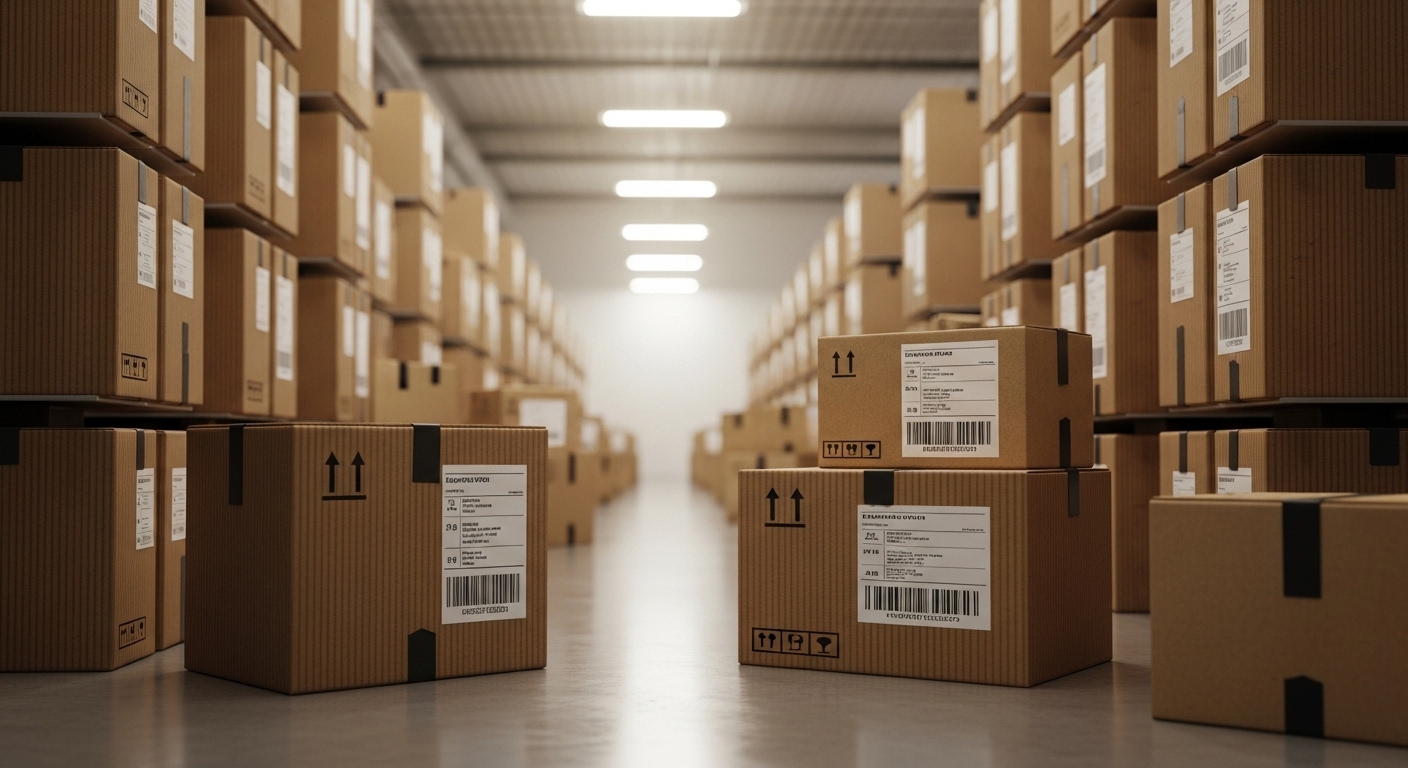 Dãy thùng carton vận chuyển mới, có nhãn mác và mã vạch, chất đầy trong nhà kho hiện đại, sạch sẽ, sẵn sàng cho vận chuyển. Đây là nguồn hàng dồi dào có được sau khi áp dụng cách tìm nguồn hàng TikTok Shop hiệu quả.