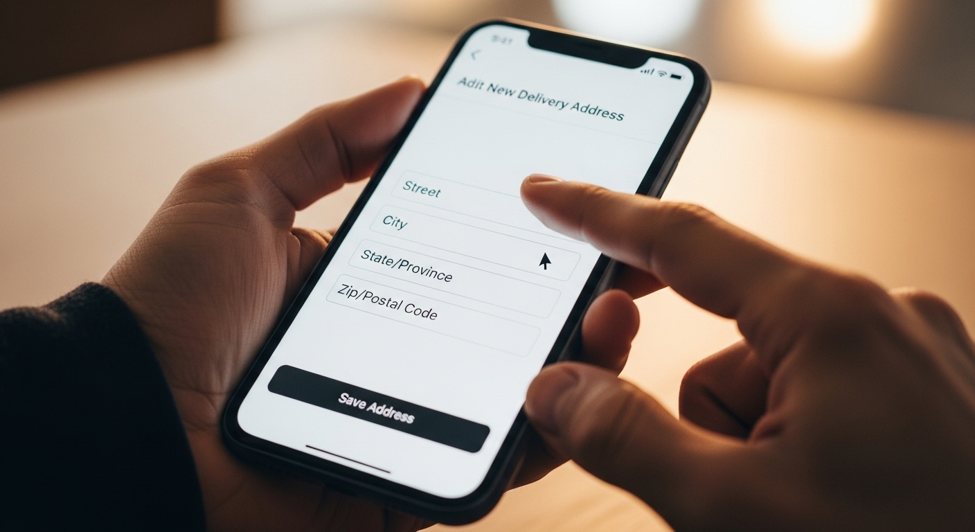 Ngón tay đang chạm vào ô nhập địa chỉ trên màn hình điện thoại, minh họa việc thay đổi địa chỉ giao hàng trên Lazada.