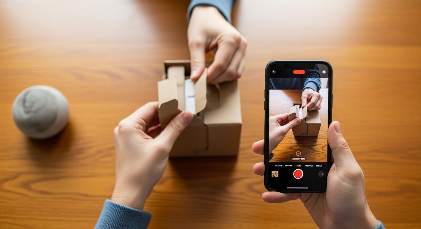 Cận cảnh tay đang cẩn thận khui gói hàng trên bàn sáng và dùng điện thoại quay lại toàn bộ quá trình mở hộp, điều này thể hiện mong muốn kiểm tra kỹ sản phẩm của khách hàng, đặc biệt khi họ băn khoăn Lazada có cho kiểm tra hàng trước khi nhận không.