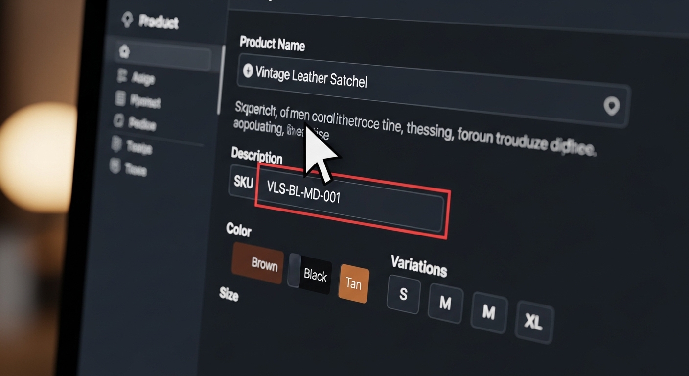 Giao diện chỉnh sửa sản phẩm trên nền tảng thương mại điện tử, hiển thị ô nhập SKU sản phẩm Shopee đang được làm nổi bật, cùng các trường như Tên sản phẩm, Mô tả, Màu sắc và Kích thước. Con trỏ chuột đang rê trên ô SKU.