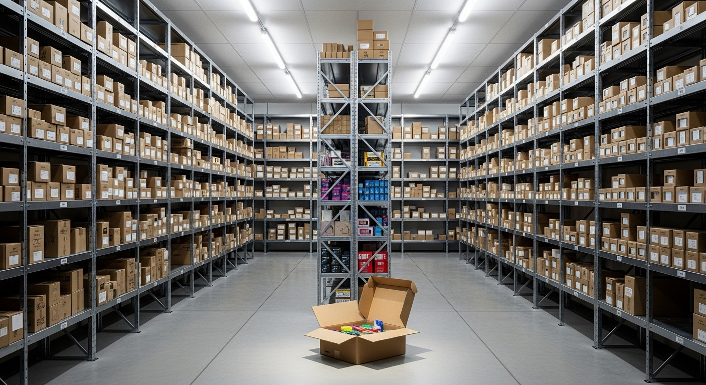 Kho hàng Shopee được sắp xếp ngăn nắp với các hộp sản phẩm trên kệ, thể hiện sự chuẩn bị kỹ lưỡng cho mọi tình huống kinh doanh, kể cả khi bạn cần kích hoạt chế độ tạm nghỉ Shopee.