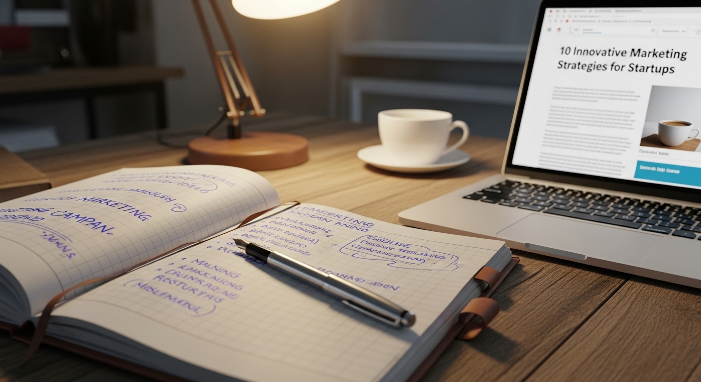 Sổ tay ghi kế hoạch marketing và laptop hiển thị bài viết nháp, minh họa hoạt động của các vị trí trong ngành Marketing.