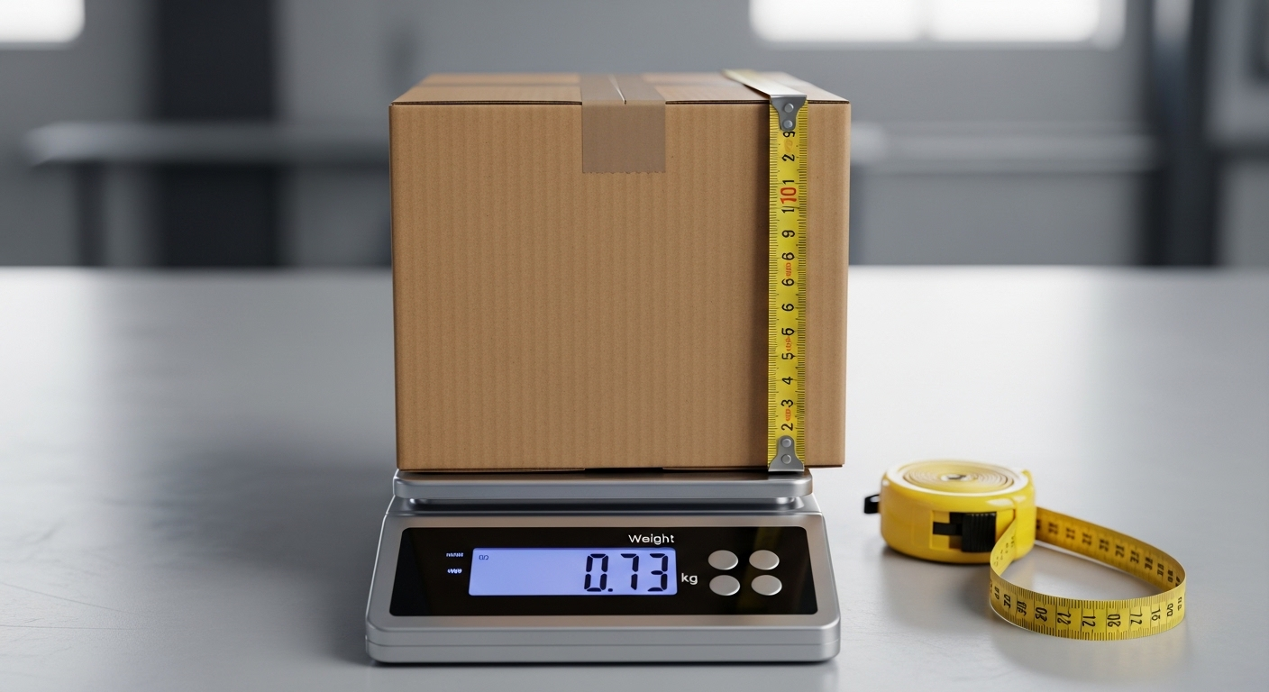 Thùng hàng carton gọn gàng trên cân điện tử hiển thị trọng lượng thấp, cùng thước dây bên cạnh. Hình ảnh thể hiện việc đo lường trọng lượng và kích thước để tính Lazada thu phí người bán như thế nào.