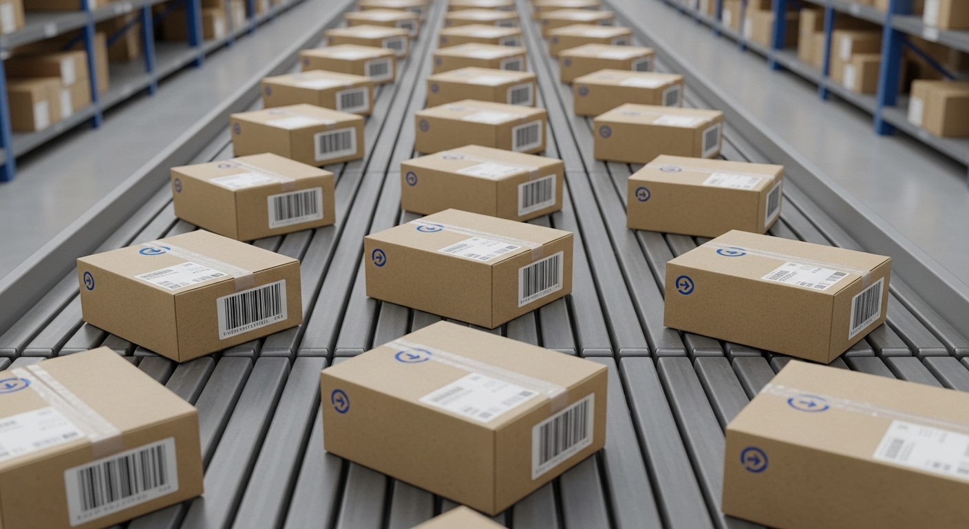 Các gói hàng Shopee di chuyển hiệu quả trên băng chuyền tại trung tâm logistics hiện đại, thể hiện quy trình hậu cần tối ưu hỗ trợ các kỹ thuật chốt sale Shopee và giao hàng nhanh chóng.