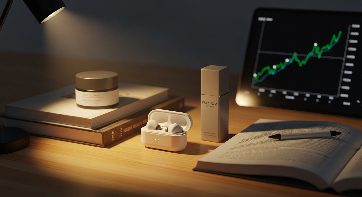 Sản phẩm đa dạng (như thiết bị điện tử, mỹ phẩm, sách) được sắp đặt tinh tế trên bàn gỗ sáng, chiếu sáng bởi ánh đèn spotlight ấm áp. Ở hậu cảnh mờ, màn hình máy tính bảng hiển thị biểu đồ tài chính tăng trưởng, minh họa hiệu quả của cách làm tiếp thị liên kết trên TikTok.