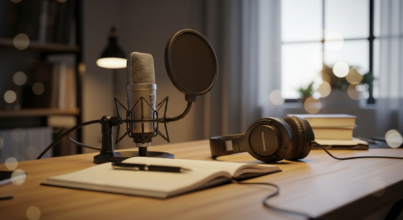 Không gian làm việc sáng tạo với micro hiện đại, tai nghe studio và sổ tay, chuẩn bị sản xuất nội dung. Các công cụ cần thiết để học cách kiếm tiền từ Tiktok cho người mới hiệu quả.