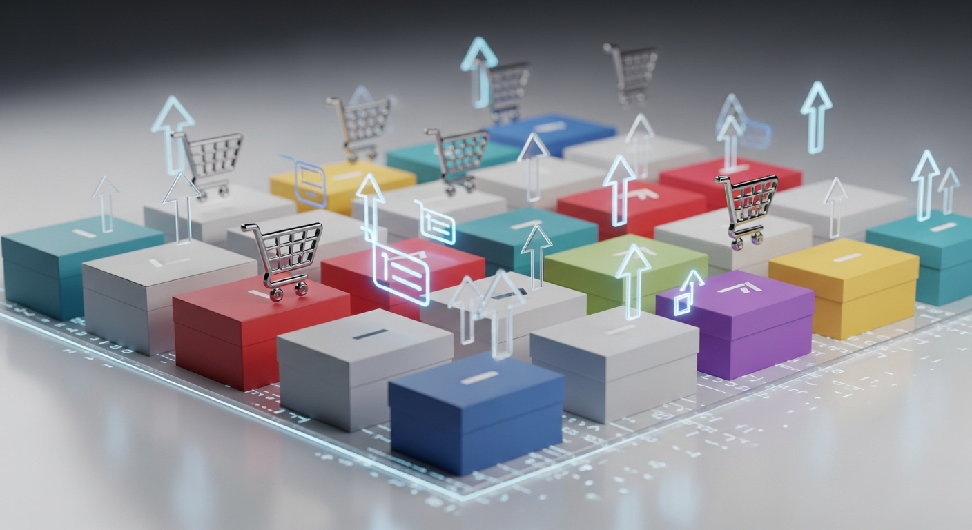 Các hộp sản phẩm đóng gói chuyên nghiệp trên nền tảng số với giỏ hàng và mũi tên giao dịch đi lên, minh họa tiềm năng kiếm tiền online và cách bật kiếm tiền trên TikTok hiệu quả.