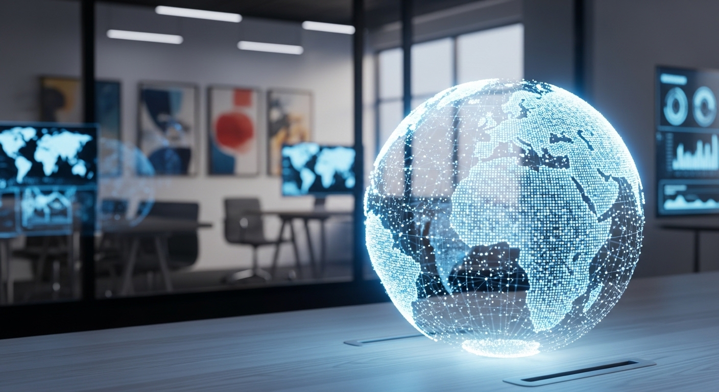 Hình ảnh quả địa cầu kỹ thuật số phát sáng với các đường kết nối, đặt trên bàn làm việc hiện đại trong văn phòng. Bức ảnh minh họa rõ nét mạng lưới toàn cầu và liên quan đến việc tìm hiểu MMO là gì trong kỷ nguyên số.
