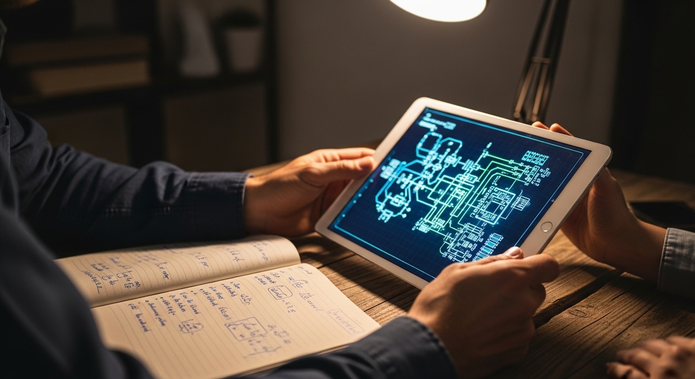 Cận cảnh đôi tay giữ máy tính bảng hiển thị sơ đồ kỹ thuật phức tạp, bên cạnh là sổ ghi chép chi tiết. Bức ảnh thể hiện không khí học tập, nghiên cứu chuyên sâu, rất phù hợp khi tìm hiểu MMO là gì và các chiến lược online.