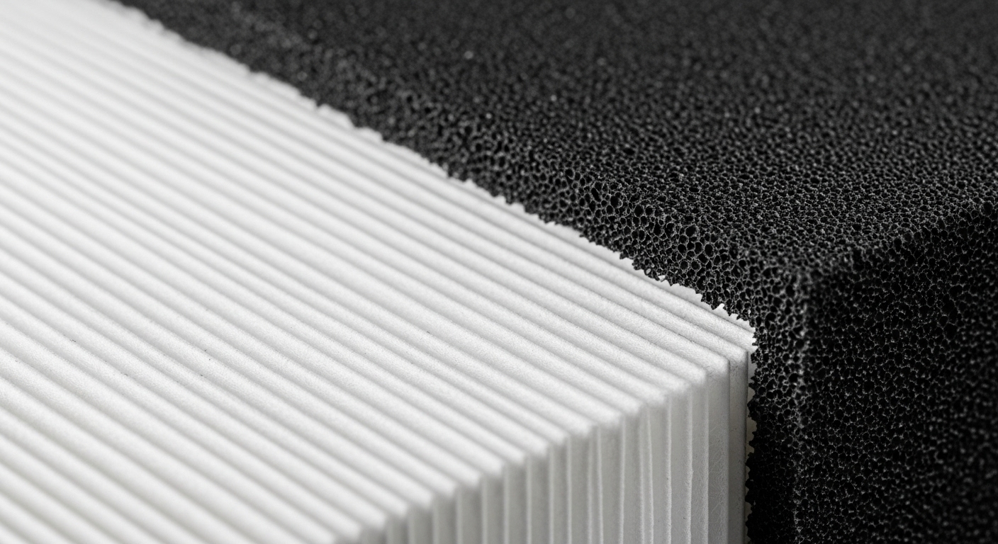 Cận cảnh chi tiết hệ thống lọc đa lớp của máy lọc không khí, gồm màng lọc HEPA trắng xếp ly và lớp than hoạt tính dạng hạt màu đen.