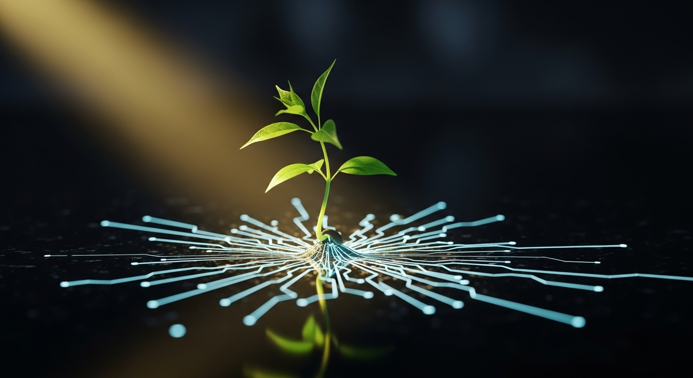 Mầm xanh sống động vươn lên từ nền tối, với các đường nét kỹ thuật số phát sáng lan tỏa như mạng lưới, minh họa sự phát triển và kết nối để kiếm tiền MMO từ chuyên môn.