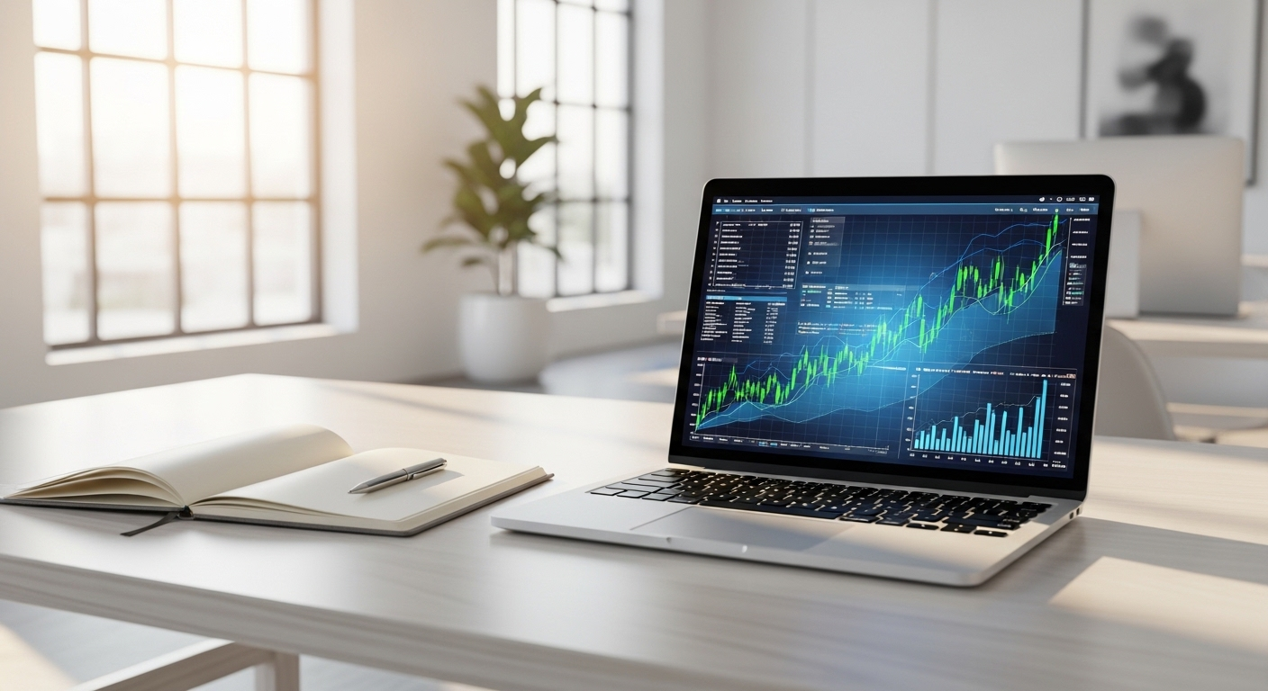 Laptop hiện đại hiển thị biểu đồ tài chính tăng trưởng mạnh mẽ trên bàn làm việc gọn gàng, tượng trưng cho thành công trong kinh doanh online. Hình ảnh này có thể minh họa cho những tiềm năng khi bạn tìm hiểu MMO là gì và áp dụng chiến lược hiệu quả.