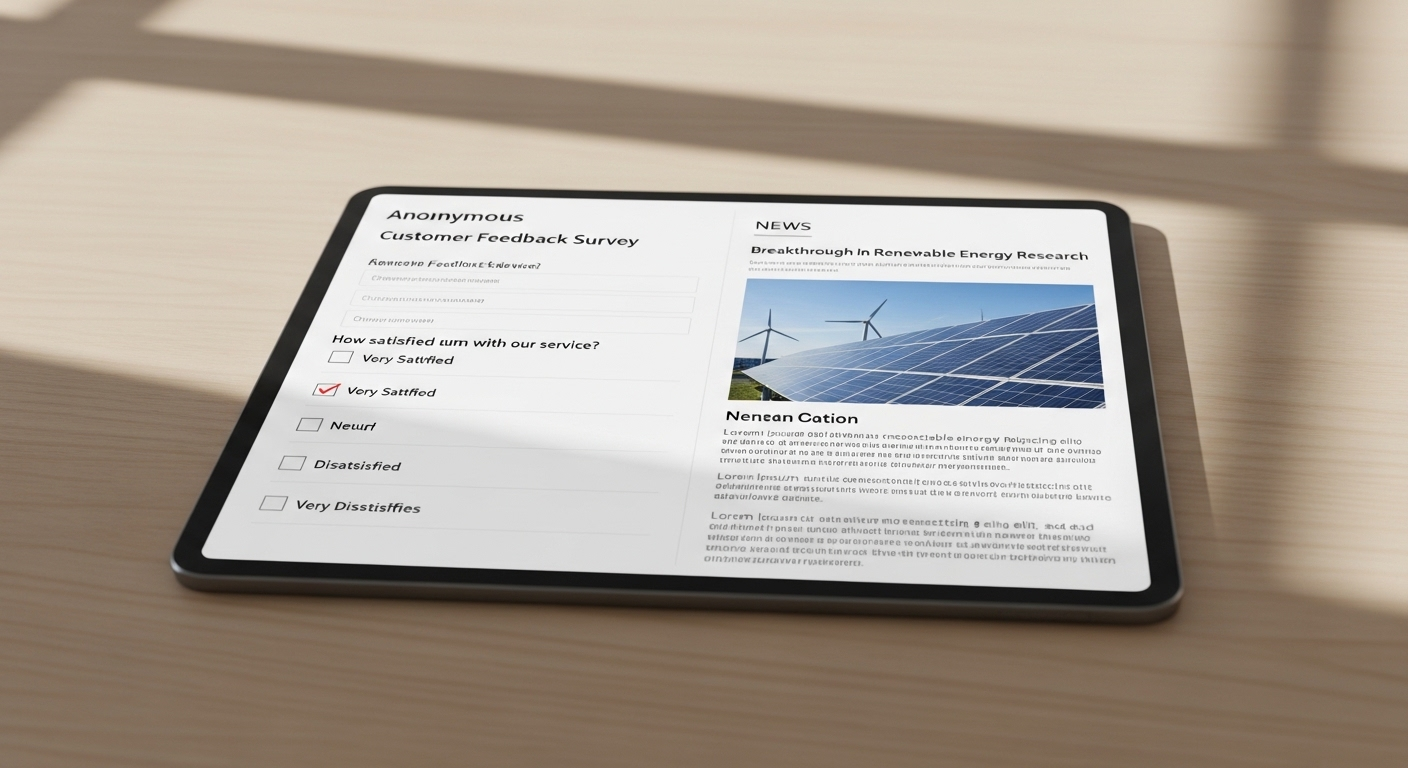 Màn hình máy tính bảng trên bàn gỗ tối giản dưới ánh sáng tự nhiên, hiển thị khảo sát trực tuyến và tin tức, gợi ý các hoạt động như dùng app kiếm tiền online không cần vốn.