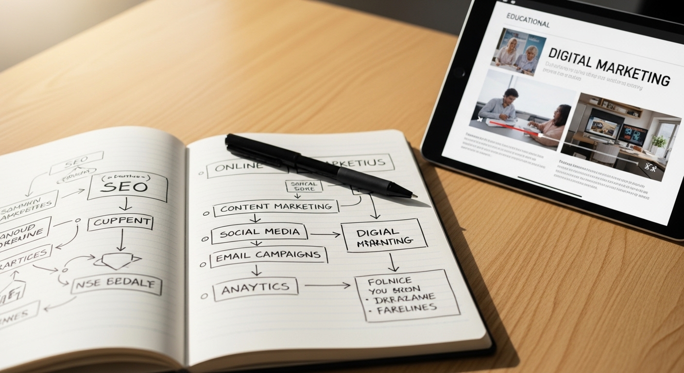 Sổ tay mở với sơ đồ và ghi chú chiến lược trực tuyến, bên cạnh máy tính bảng hiển thị nội dung marketing số. Khung cảnh học tập, nghiên cứu giúp tìm hiểu MMO là gì và cách phát triển các chiến lược kiếm tiền online hiệu quả.