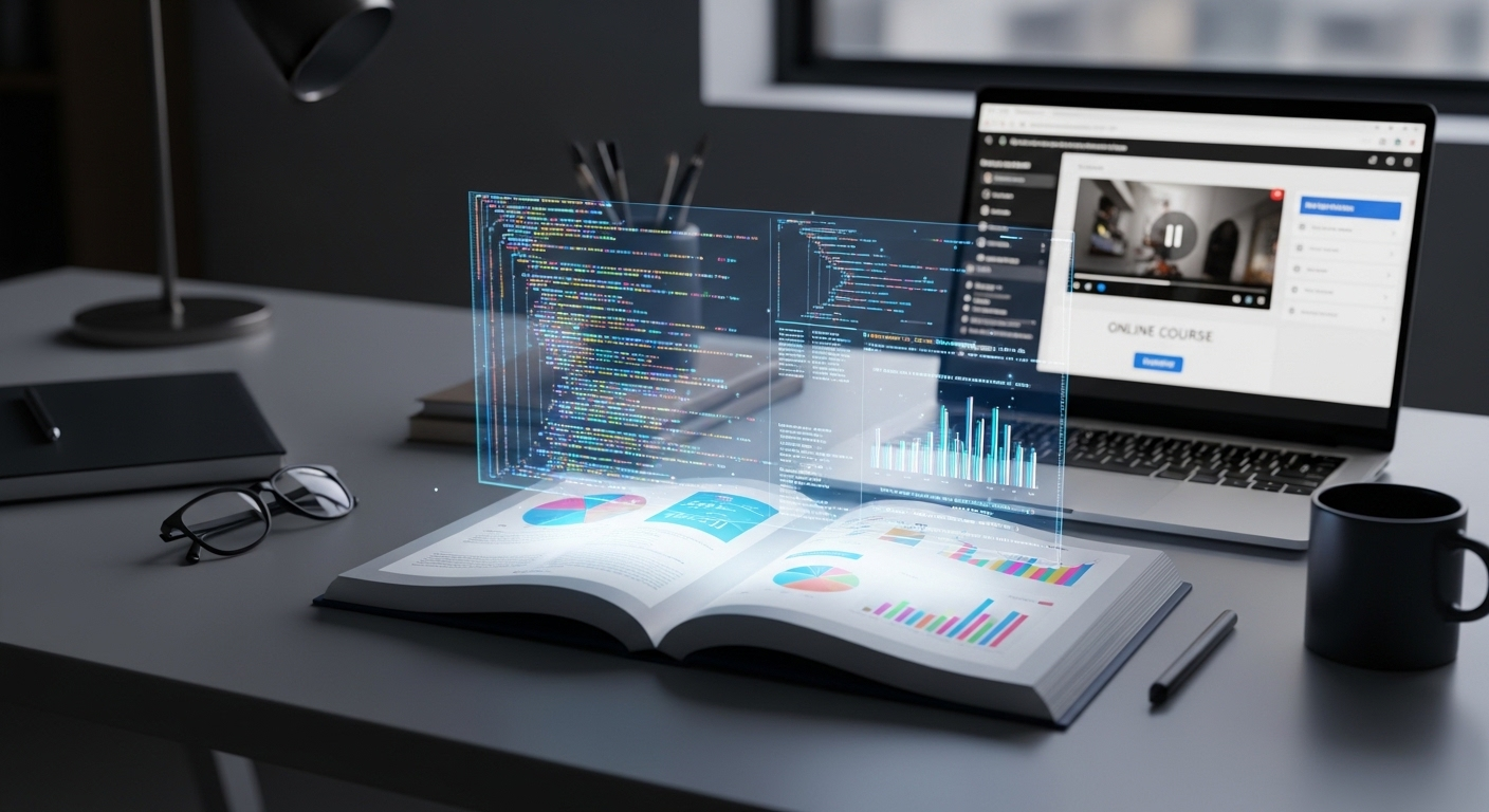 Giáo trình kỹ thuật số và laptop hiển thị khóa học online. Cảnh bàn làm việc hiện đại, lý tưởng để học lập trình, phân tích kinh doanh và tìm hiểu MMO là gì.