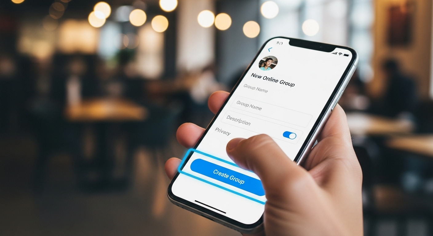 Ảnh cận tay cầm smartphone hiển thị giao diện ứng dụng tạo nhóm online, với nút 