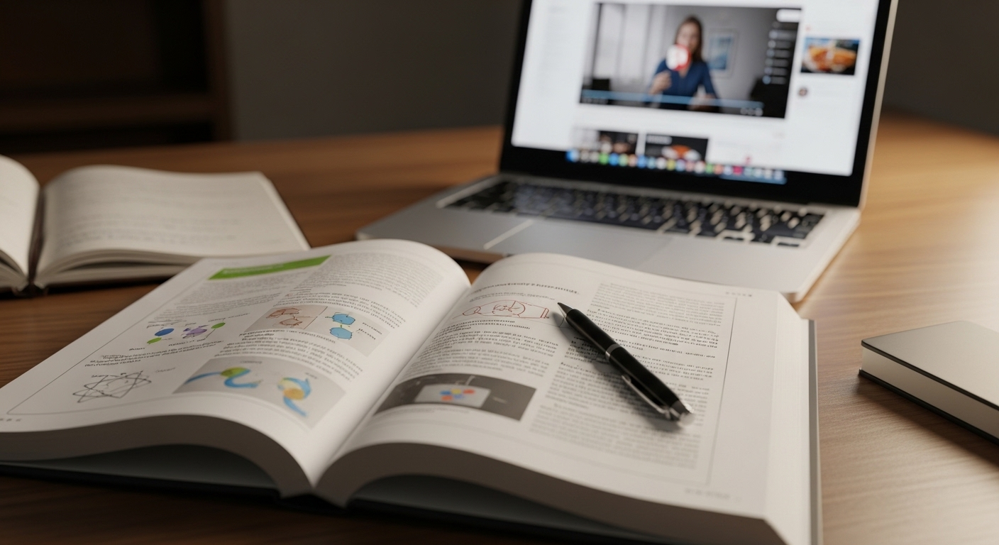 Bàn học sạch sẽ với sách mở, laptop hiển thị nền tảng học trực tuyến, bút và sổ kế hoạch dưới ánh sáng ấm áp. Một không gian học tập hiện đại, sẵn sàng cho mọi nghiên cứu online, kể cả việc tìm hiểu MMO là gì.