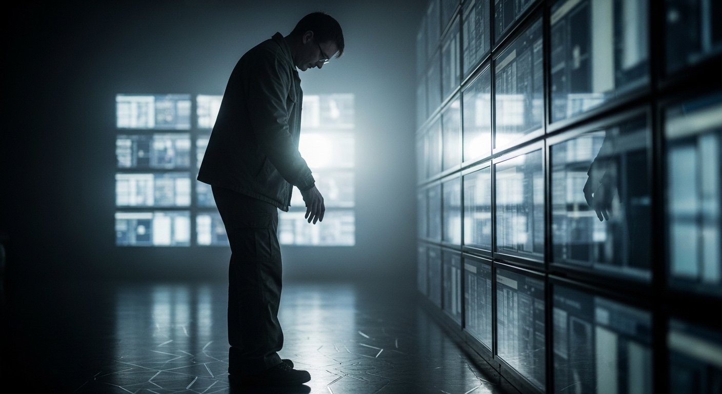 Người trầm tư trước bức tường màn hình kỹ thuật số hỗn loạn, biểu tượng cho sự bối rối khi tìm hiểu về thế giới kiếm tiền online. Một khóa học MMO chất lượng có thể giúp định hướng rõ ràng.