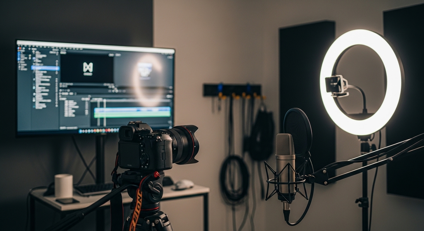 Góc làm việc studio chuyên nghiệp với máy ảnh trên chân máy, đèn ring light, mic thu âm và màn hình chỉnh sửa video, không gian lý tưởng để sản xuất nội dung số và kiếm tiền MMO.